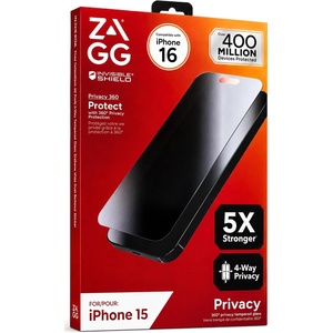 image:imageZAGG Elite Privacy 360 Glass Screen Protector for iPhone 16  iPhone 155X Ultra Strong Tempered Glass 4Way Privacy Filter Scratch Protection AntiSmudge Easy to Install InvisibleShield