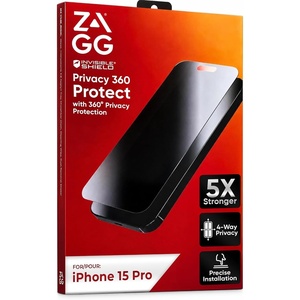 image:imageZAGG Elite Privacy 360 Glass Screen Protector for iPhone 15 Pro  5X Ultra Strong Tempered Glass 4Way Privacy Filter Scratch Protection AntiSmudge Easy to Install InvisibleShield